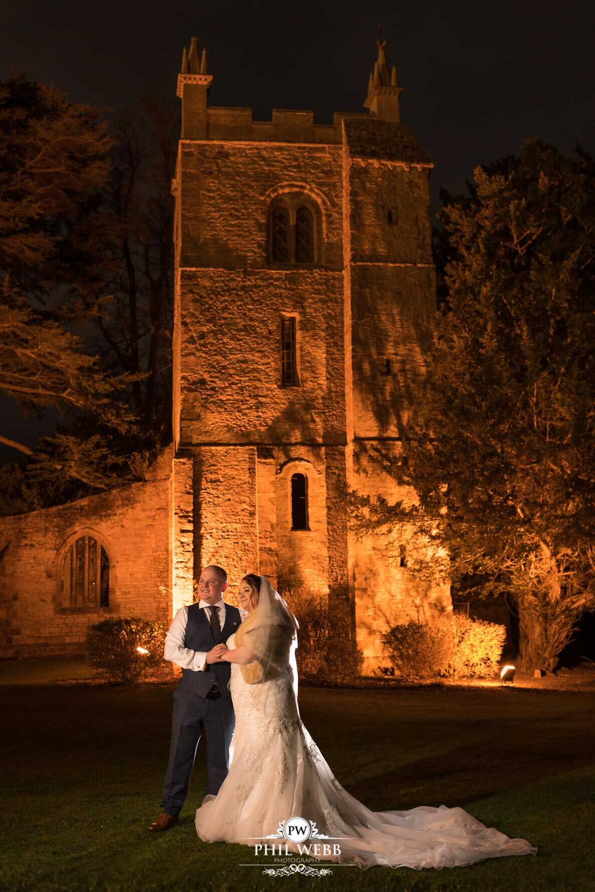 Ettington Park Hotel Wedding Photography bride and groom evening portrait