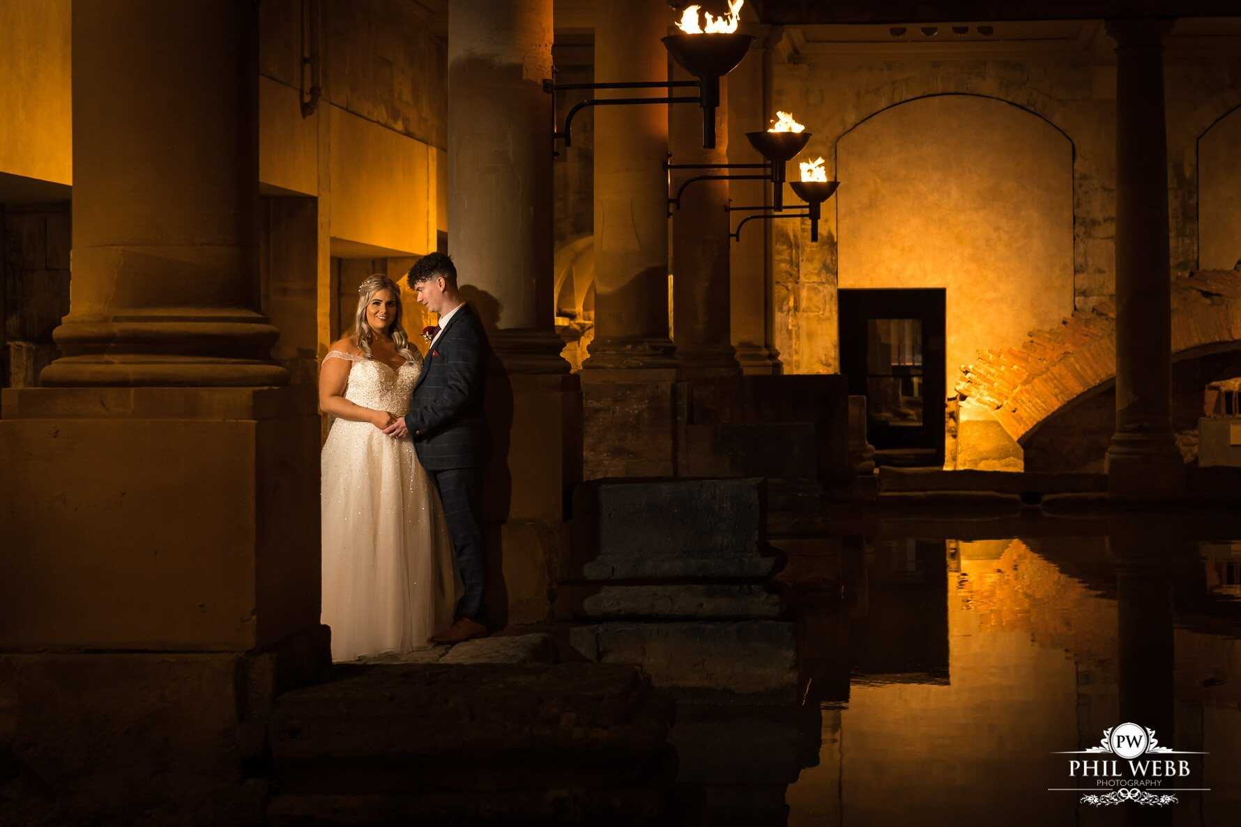 Roman Baths Wedding Photography bride and groom evening portrait