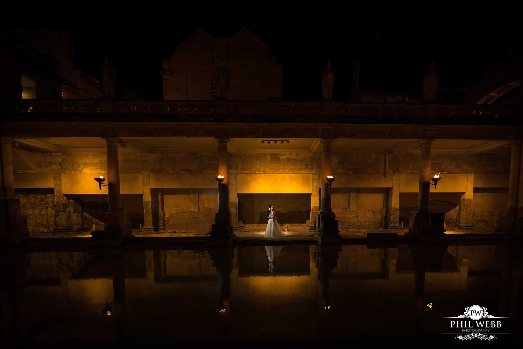 Roman Baths Wedding Photography bride and groom evening portrait