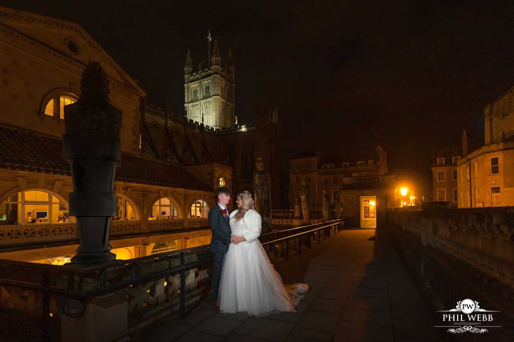 Roman Baths Wedding Photography bride and groom evening portrait