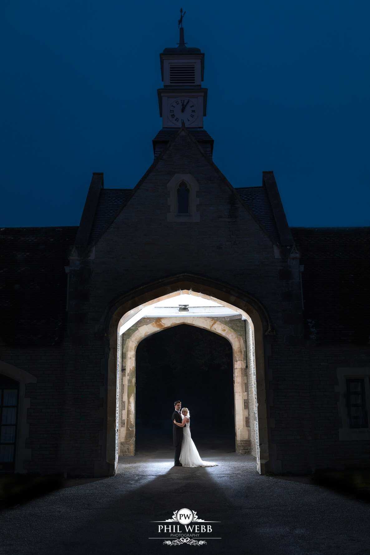 Tortworth Court Wedding Photography bride and groom portrait at night