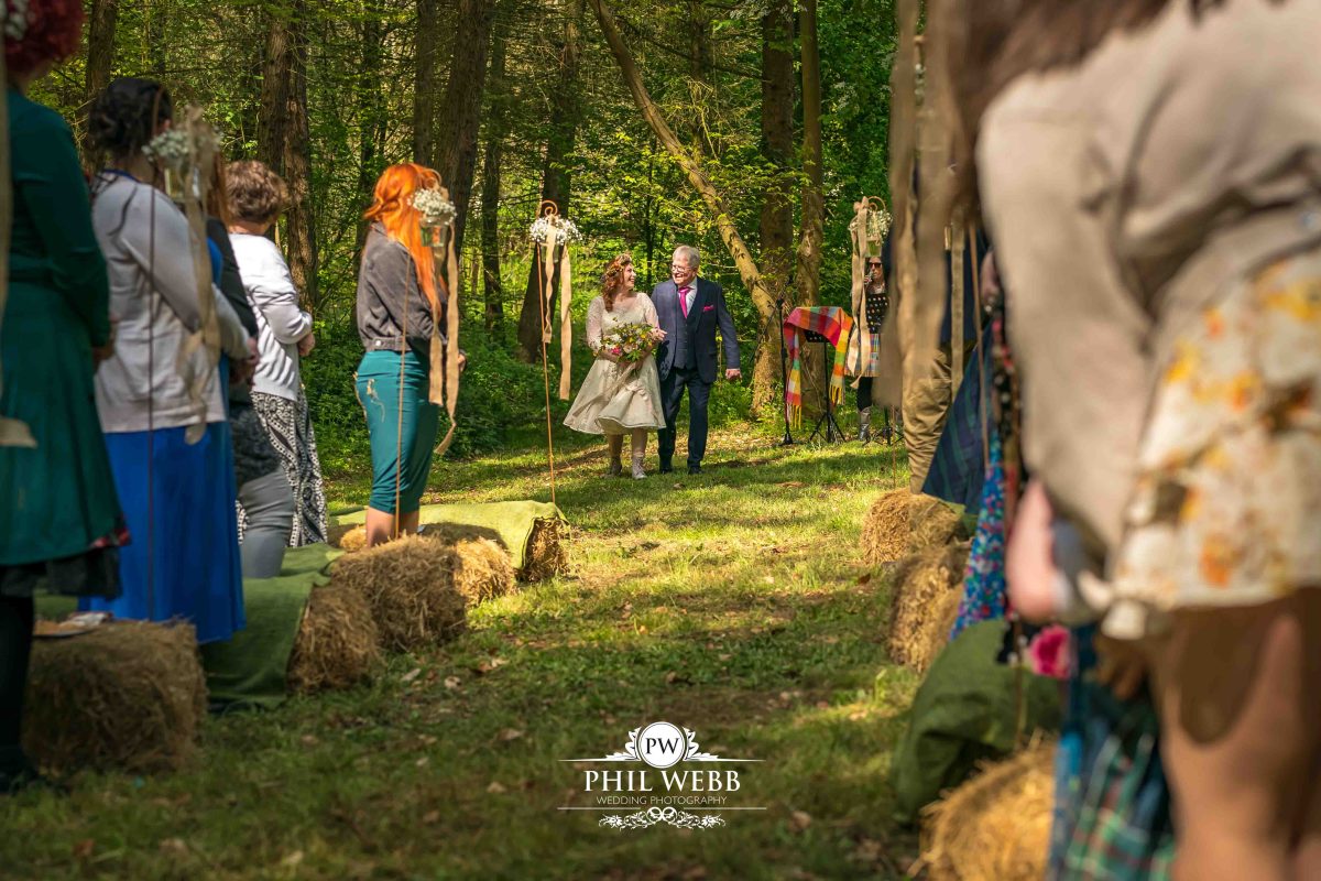 Enchanted Woodland Wedding Hereford bride walking into wedding ceremony