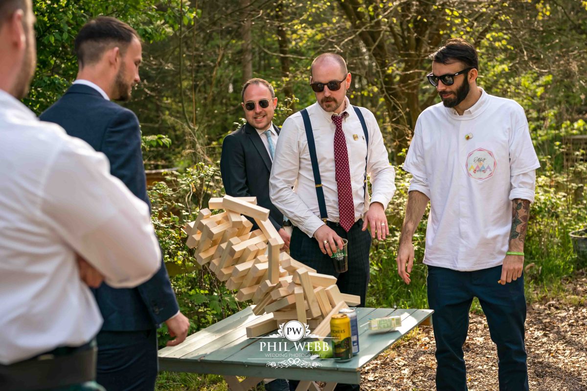 Enchanted Woodland Wedding Hereford guests playing jenga