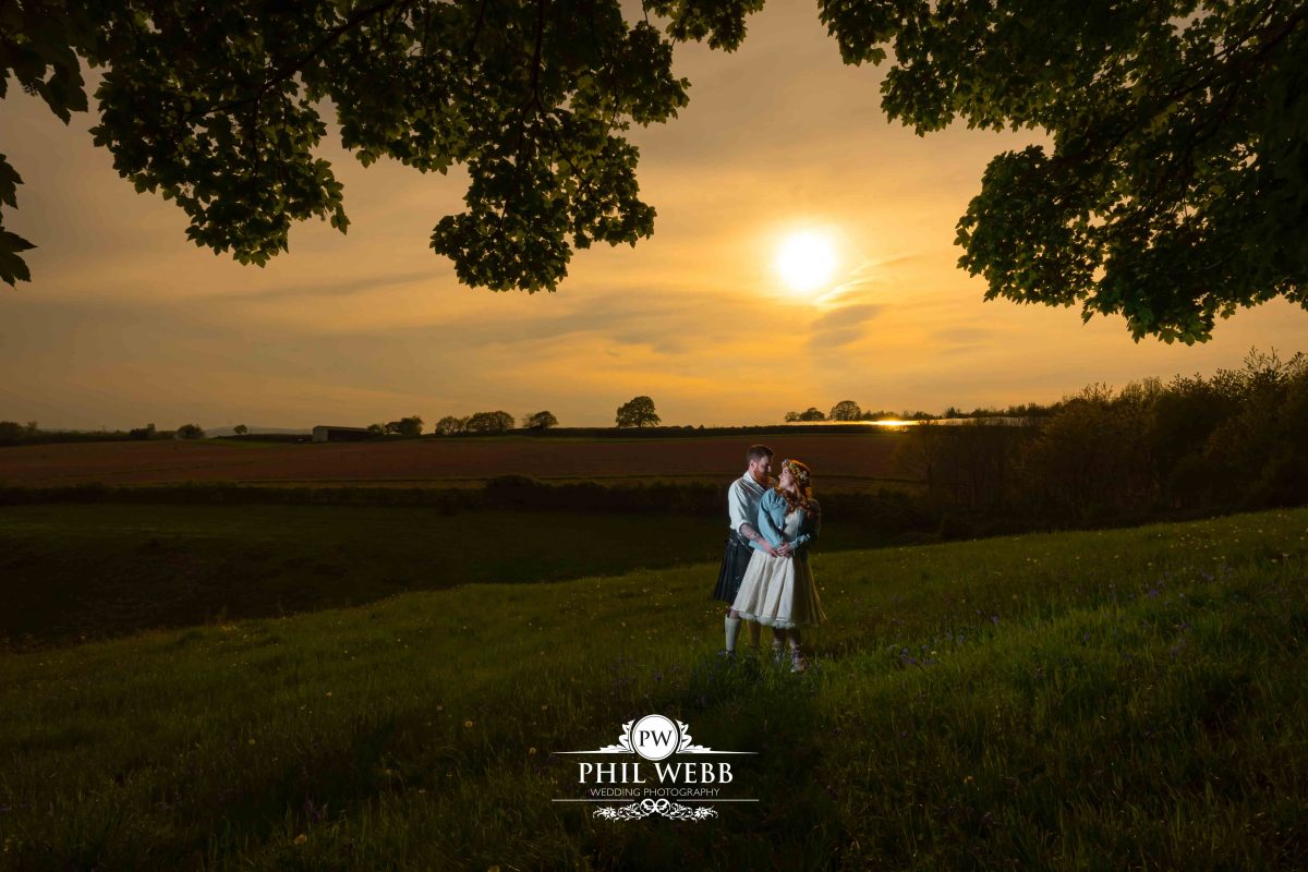 Enchanted Woodland Wedding Hereford bride and groom sunset portrait