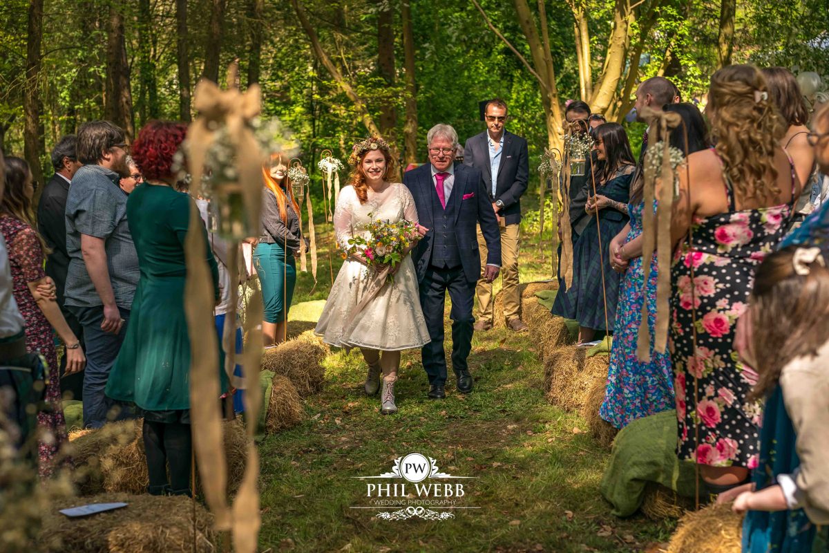 Enchanted Woodland Wedding Hereford bride walking into wedding ceremony
