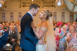 bride and groom first kiss at The Frogmill Inn Gloucestershire