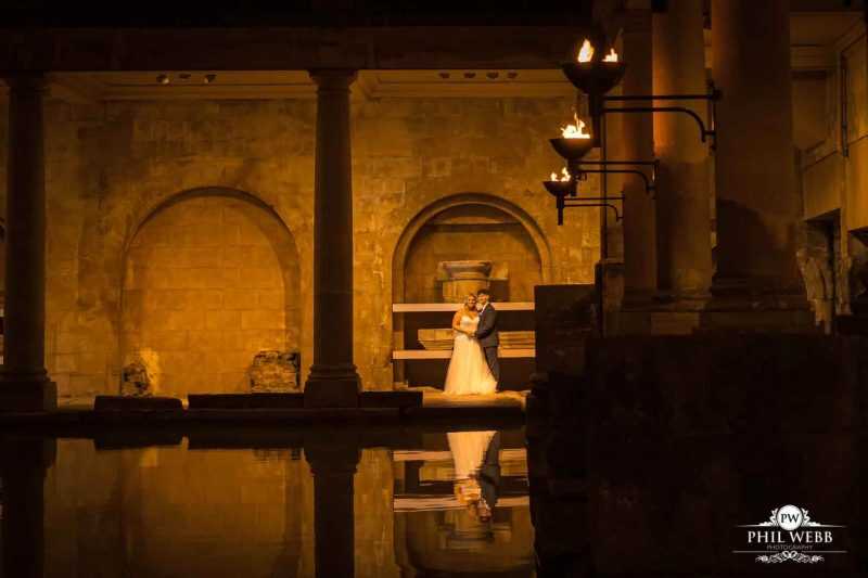Roman Baths Wedding Photography bride and groom evening portrait