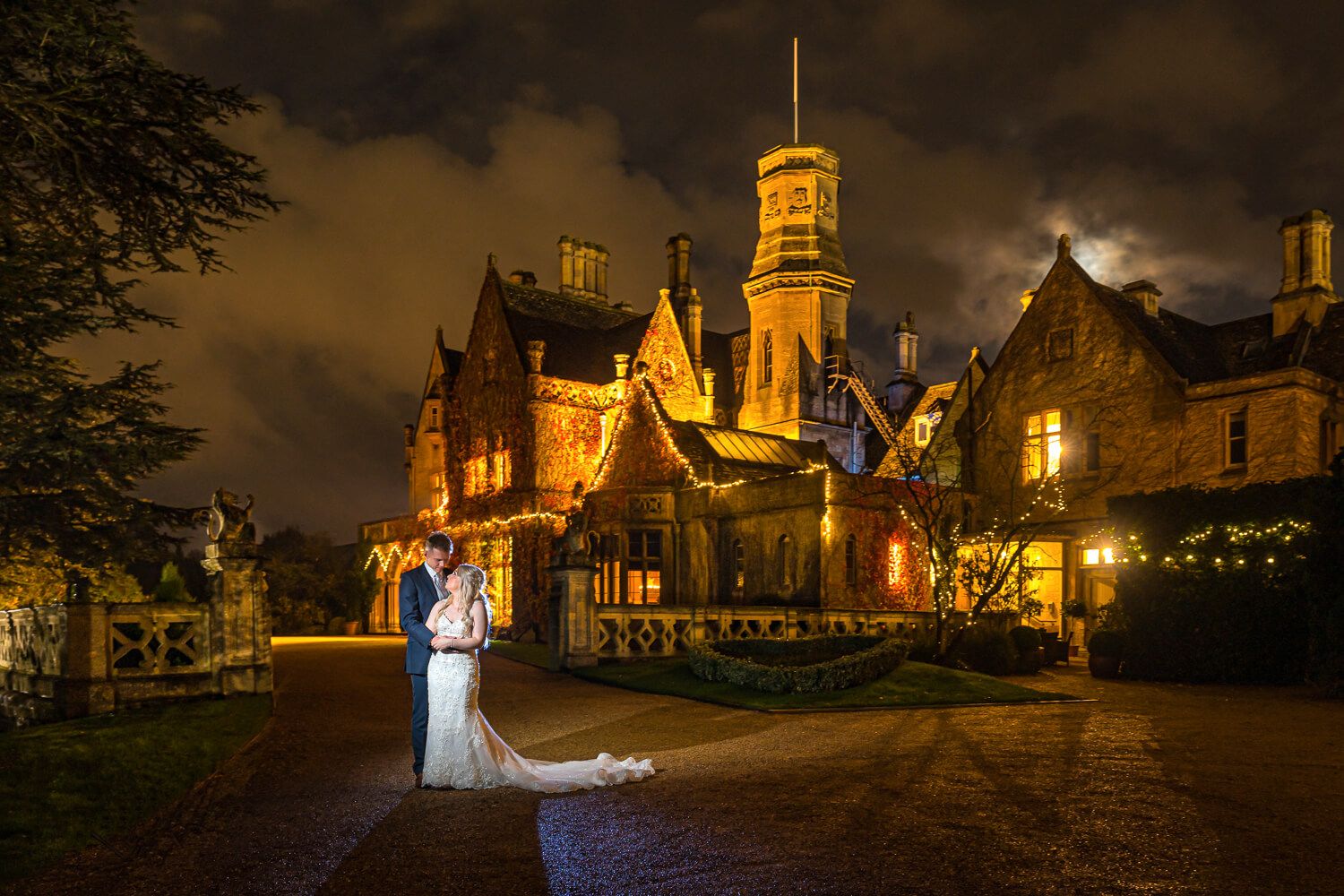 Manor by the Lake Wedding Photography bride and groom portrait in the evening